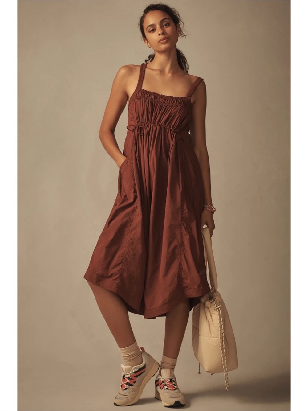 Anthropologie Daily Practice Keeseville Sleeveless Smocked Dress in Maroon Red